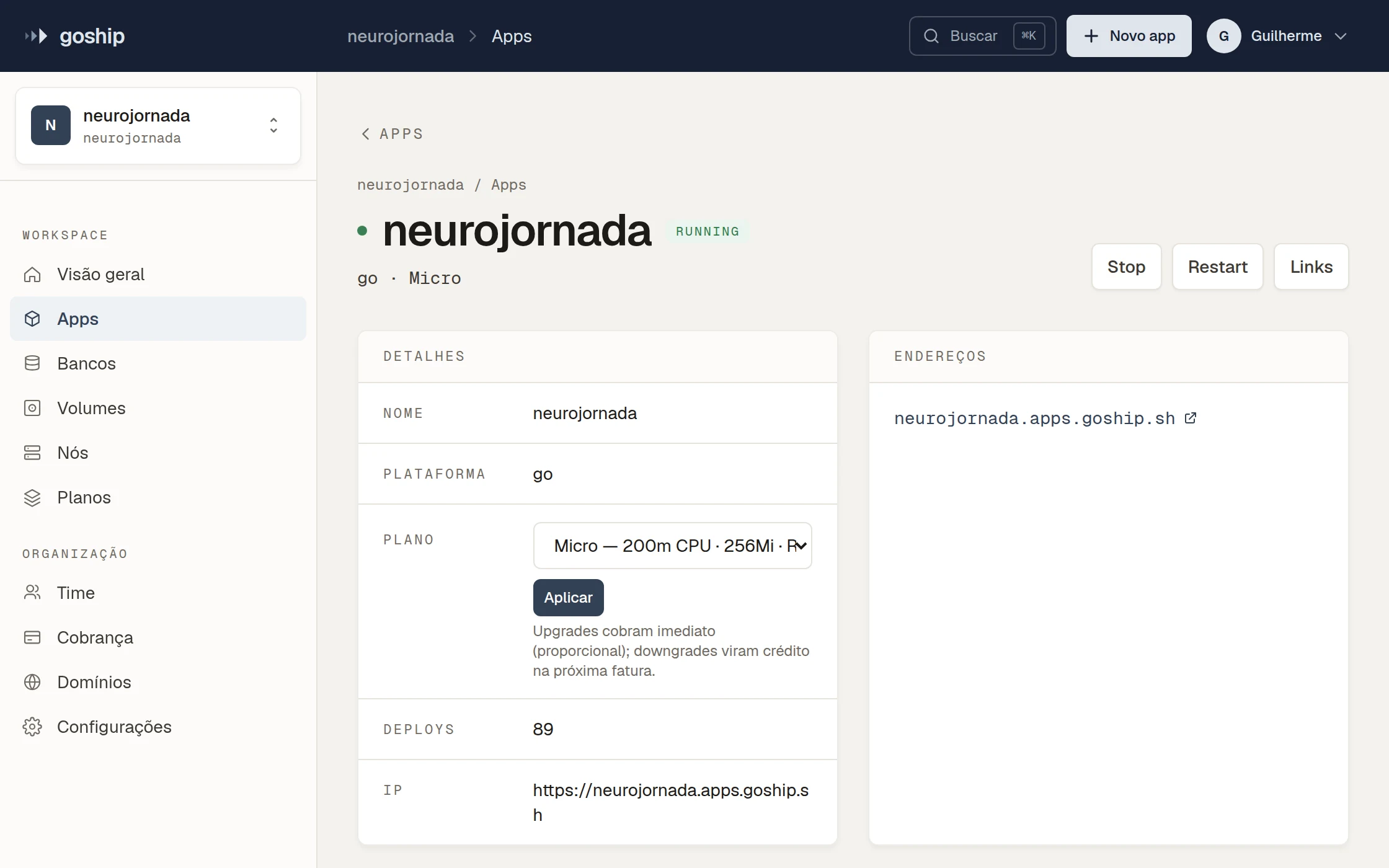 An app's page on GoShip: URL, sandbox state and units